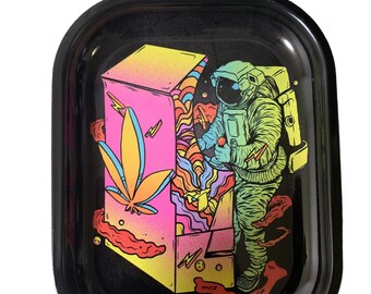 Bandeja metálica para liar con forma de astronauta, diseño psicodélico, bandeja pequeña