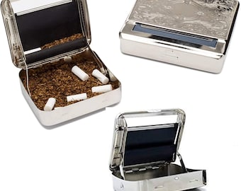 Máquina de liar cigarrillos de 70 mm: Caja metálica plateada, dorada y arcoíris para liar tabaco. Ideal como regalo para fumadores.