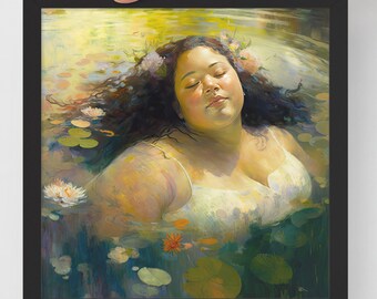 May include: A painting of a woman with dark hair and closed eyes floating in a pond. She is wearing a white dress and has flowers in her hair. The water is a light blue and green color, and there are lily pads and flowers in the water.