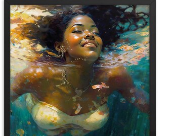 May include: A painting of a woman with dark skin and long dark hair, submerged in water. She is wearing a white strapless top and has a necklace on. The water is a vibrant blue and green, with sunlight shining through.