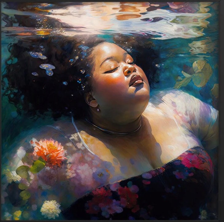 Healing 4, a Joyous Fat Positive DIGITAL DOWNLOAD printable art for your spa bathroom zen bedroom home walls. Empowering Black woman love