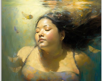 May include: A painting of a woman with her eyes closed, submerged in water. Her hair is long and dark, and she is wearing a light blue and yellow dress. The water is a light blue and green color, and there are several yellow butterflies floating around her.