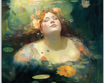 May include: A woman with long red hair and a floral crown floats in a pool of water. She is wearing a light blue dress with floral patterns. The water is clear and green, and there are lily pads and flowers floating on the surface.