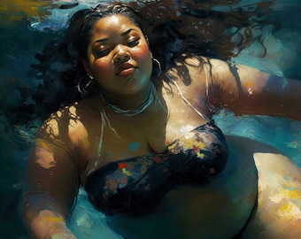 Healing Underwater Dreaming, a Joyous Fat Positive DIGITAL DOWNLOAD printable art for your spa bath zen bedroom. Empowering Black woman love