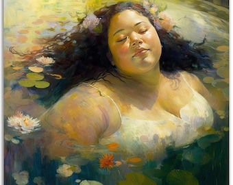 May include: A woman with long dark hair floats in a pond with lily pads and flowers. She is wearing a white dress and has a flower crown on her head.