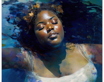 Healing 27, UNFRAMED ART PRINT Happy Body Positive Black Mermaid, Empowering Feminist Curvy Zen Nature for Spa, Bedroom Wall