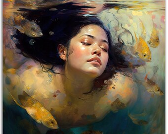 May include: A woman with long dark hair floats underwater with her eyes closed.  She is surrounded by small yellow fish. The water is a vibrant blue and green.