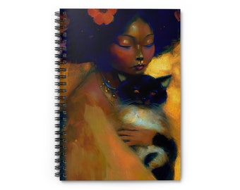 Black Cat Lady Journal, Spiral Ruled Lined | Gold notebook for dreams, stories, poetry, goals, shadow work and recipes, writers students