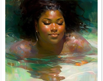 Guérison 15, sans cadre, impression d'art sirène noire body positive, grande oeuvre d'art murale, art de la salle de bain de la chambre à coucher, spa, art de la femme noire