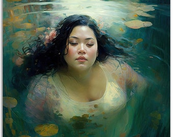 May include: A woman with long dark hair and a white top floats in a pool of water. The water is a deep green color and there are lily pads floating on the surface. The woman has a serene expression on her face.