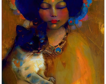 Blue Eyed Siamese Cat Lady | Sumptuous Art Gift for Feline Lovers, Pet Owners, Fur Fam, Vets | Set Available BIPOC Women of the World