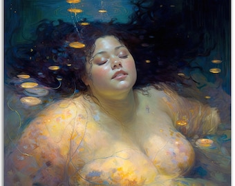 Puede incluir: Una mujer con el pelo largo y oscuro flota bajo el agua, con los ojos cerrados y la boca ligeramente abierta. Lleva un vestido floral amarillo y rosa. El agua es de un azul profundo y hay pequeños círculos dorados flotando a su alrededor.