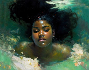 Healing 18, Empowering Body Positive Black Woman Art | Self love, self care, gratitude, power, goddess water energy | DIGITAL printable