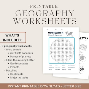 May include: Printable geography worksheets with the title "Printable Geography Worksheets" at the top. The image includes a list of included worksheets, such as word searches and matching activities. The worksheets are designed for educational purposes.
