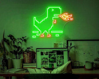 Dinosaur Neon Sign: Green Pixel Art, Gaming Room Decor