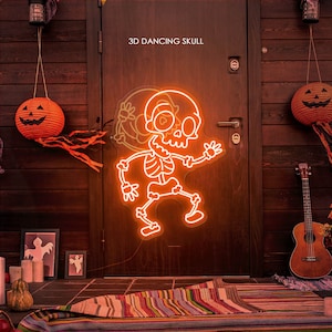 3D Dancing Skull Sign, Waving Skeleton Led Neon Sign, Skull Neon Sign Halloween Decor, Halloween Party Skeleton Sign Custom Neon Sign