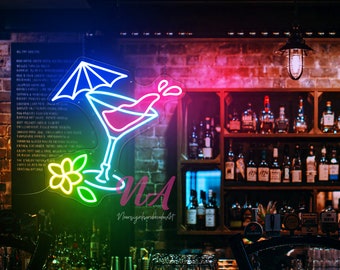 May include: Neon sign with a cocktail glass, a pink umbrella, and a flower. The sign says "NA" and "NeonsighthandmadeArt".