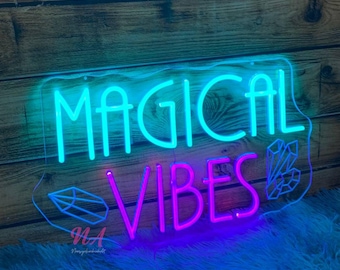 Magical Vibes LED Neon Sign – Custom Crystal Neon Light, Witchy Room Decor, Spiritual Wall Art for Bedroom, Carving LED Neon Sign
