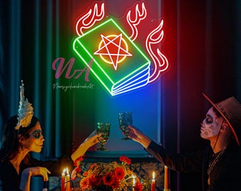 Pentagram Book Neon Sign: Gothic Halloween Decor