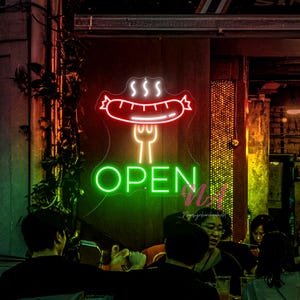 Grilled Sausage Open Neon Sign, Sausage On A Fork Neon Light, Meat Led Light, Custom Barbecue Led Sign, BBQ Neon Sign, Restaurant Decor Sign