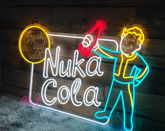 May include: Neon sign with a cartoon character holding a bottle of Nuka Cola. The sign reads "Fresh Up! with Nuka Cola".