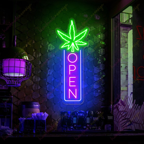 Insegna aperta verticale di cannabis per interni, insegna al neon verticale aperta, insegna al neon aperta, arte della parete dell'erbaccia, decorazione del segno di marijuana, insegna di cannabis personalizzata