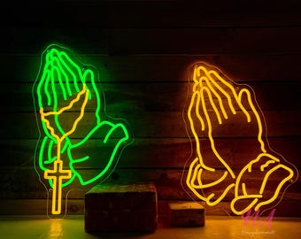 Custom Praying Hands & Jesus Cross LED Neon Sign: Christian Home Decor
