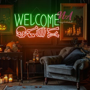 Ghost Welcome Neon Sign, Halloween Welcome Sign, Halloween Decor Sign, Ghost Wall Sign, Custom Neon Sign, Spooky Neon Sign, Bone Decor Wall
