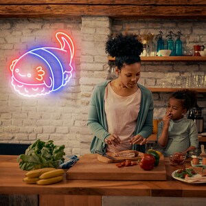 Placa de neon de sushi com axolote: decoração japonesa de LED kawaii