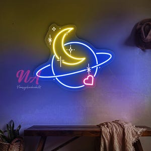 Moon and Planet Neon Sign, Planet LED Sign Sun And Moon Neon Sign, Galaxy Neon Sign, Custom LED Neon Sign Space Neon Sign Bedroom Sign Wall