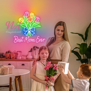 Best Mom Ever Tulip Boutique Neon Sign, Happy Mother&#39;s Day Neon Sign, Custom Mother&#39;s Day Gift LED Neon Sign Party Decor Gift For Mom Mother