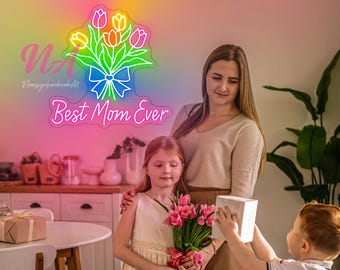 Best Mom Ever Tulip Boutique Neon Sign, Happy Mother's Day Neon Sign, Custom Mother's Day Gift LED Neon Sign Party Decor Gift For Mom Mother
