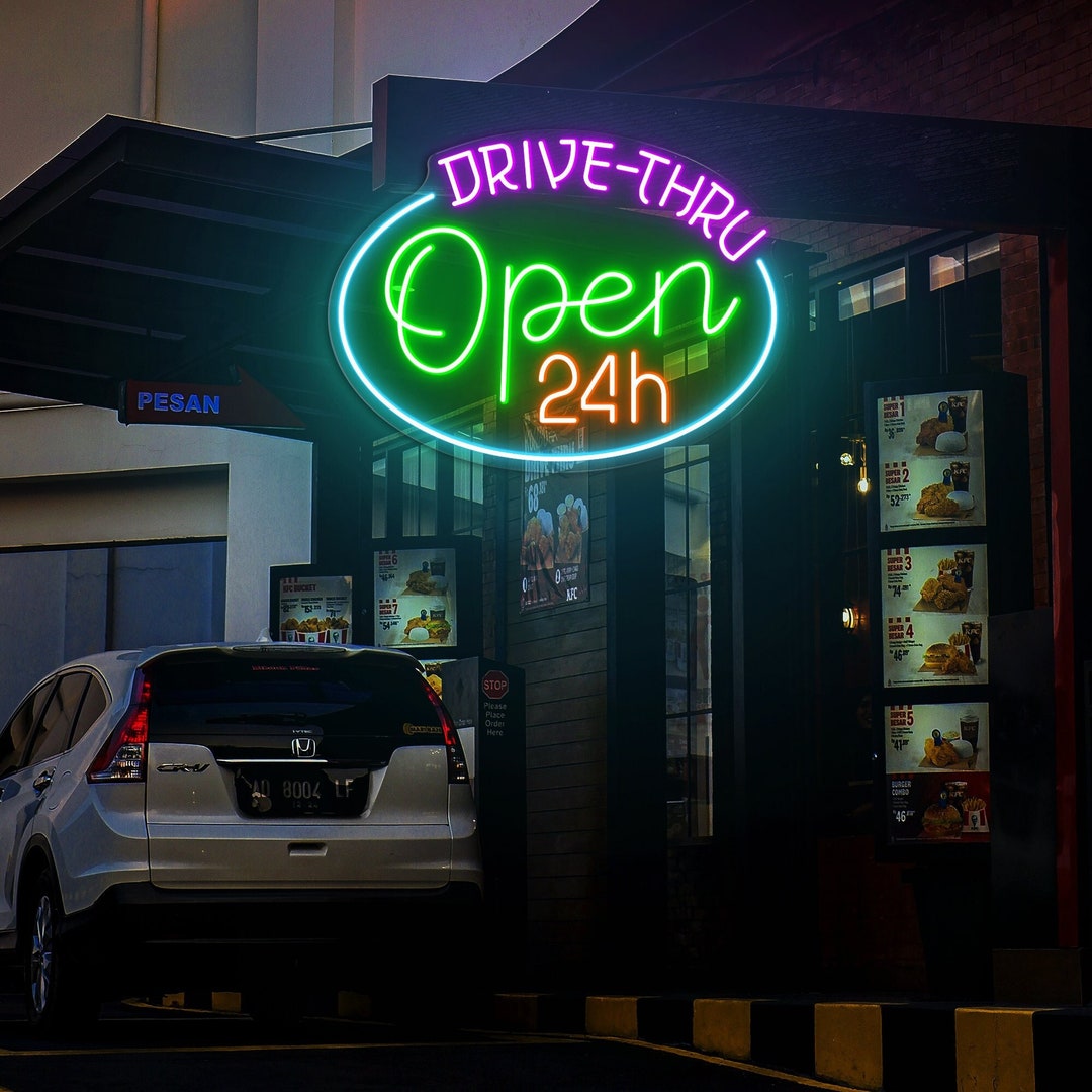 Drivethru Open 24h Neon Sign Fast Food Drivethru Sign Restaurant Open 24h Drive Thru Sign Open