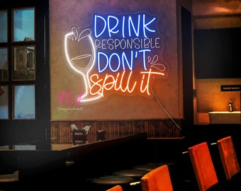 Insegna al neon Bevi in modo responsabile, non versarlo, Insegna al neon per vino, Insegna al neon per bevande, Insegna per arredamento bar, Insegna al neon LED per feste, Insegna al neon personalizzata