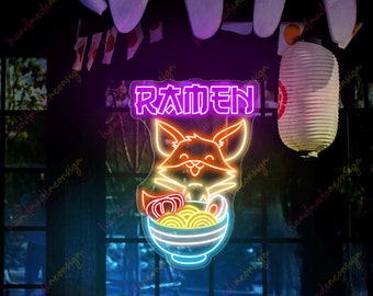 Handmade Ramen Fox Neon Sign: Japanese Noodle Restaurant Decor
