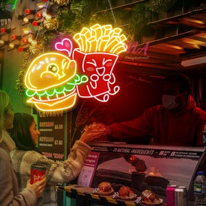 バーガー＆フライドチップスネオンサイン、カスタムバーガーレストランLEDサインナイトライトホームウォールデコレーションストリートファーストフードコーヒーショップバーデコレーション