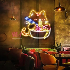 Cat Ramen LED Neon Sign, Custom Japanese Noodles Restaurant Neon Light Kitchen Anime Wall Decor Food Bar Decoration Lucky Cat Sign