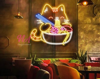 Letrero LED de neón de Cat Ramen: decoración de cocina de anime japonés