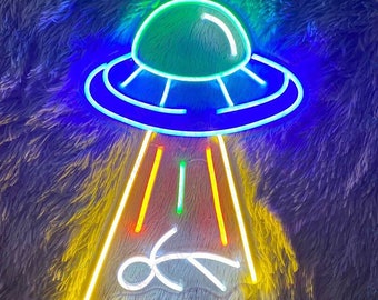 Letrero de neón LED de abducción extraterrestre OVNI: Decoración para habitación infantil