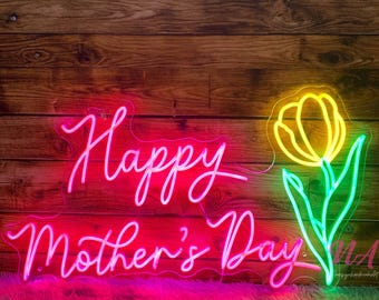 Happy Mother’s Day Neon Sign, Custom LED Neon for Mom, Gift LED Neon Light, Floral Neon Sign, Mother’s Day Decor, Home Wall Art Light