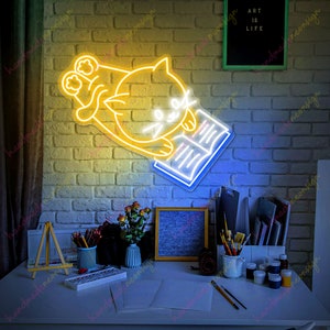 Cat Reading Book Neon Sign, Cat Room Led Sign, Baby Cat Light Sign, Book Neon Sign,Book Lover Gift,Kitten Book LED SIgn,Aesthetic Neon Light