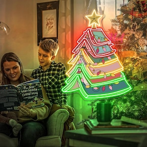 Book Pine Tree Neon Sign, Merry Christmas Neon Sign, Christmas Tree Decor Sign, Custom Neon Sign, Christmas Gift, Home Library Decor