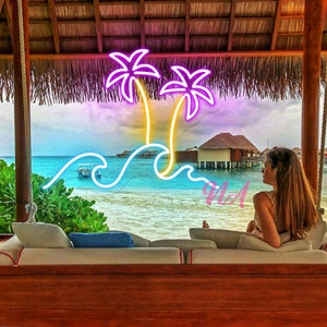Ocean waves and Palm tree neon sign, beach decor, beach party decor, custom neon sign, waterproof sign, wave sign, palm tree sign