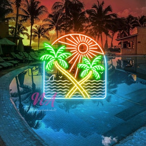 Neon Palm Tree Neon Sign Palm Tree 3D Carving  Sun Wall Decor Neon Sunset Neon Tropical Neon Sign Sun and Ocean Decoration Custom Neon Sign