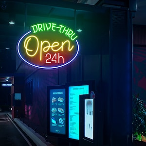 Drive-Thru Open 24h Neon Sign Fast Food Drive-Thru Sign Restaurant Open 24h Drive Thru Sign Open Neon Sign Open Business Car Service Garage
