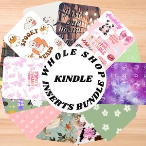 Könnte beinhalten: Ein Satz druckbarer Kindle-Bucheinsätze mit verschiedenen Designs, darunter gruselige, emotionale Unterstützung, Sternzeichen und florale Muster. Der Text auf den Einsätzen lautet "Whole Shop Kindle Inserts Bundle".