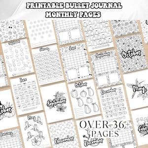 Könnte beinhalten: Druckbare Bullet Journal Monatsseiten mit Schwarzweißillustrationen. Die Seiten zeigen verschiedene Themen, darunter Kürbisse, Blätter, Kaffeetassen und Kolibris. Der Text "Over 36+ Pages" ist am unteren Rand des Bildes sichtbar.