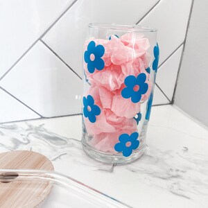 Can/Beer 16oz Glass Cup with Aqua/Blue Vinyl Retro Flowers