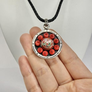 BRIGHTON Pagoda Cloisonné Ciondolo tono argento Collana vintage Gioielli N570 immagine 1