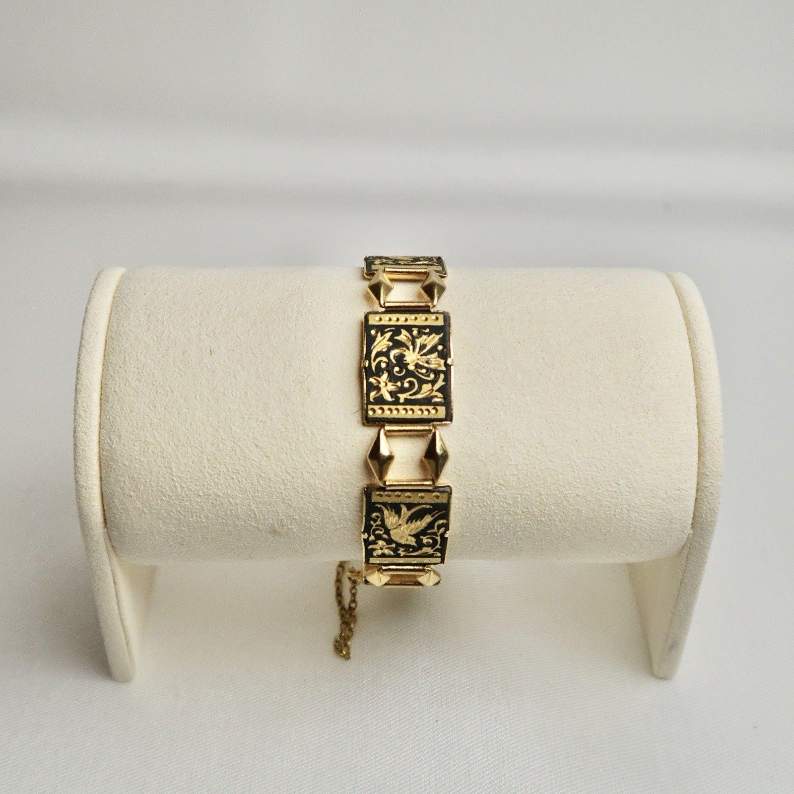 Damascene Spain Etched Floral Link Gold Tone Vintage Bracelet Jewelry Br128